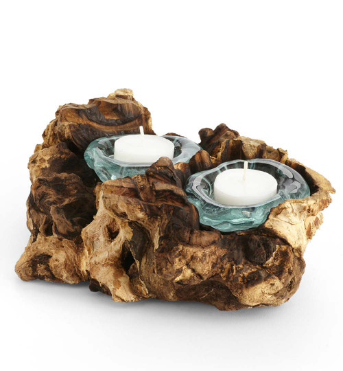 Cohasset Double Molten Candle Holder, Natural Wood and Recycled Glass
