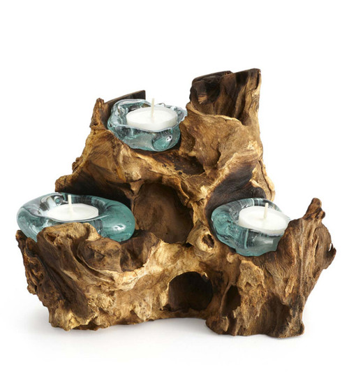 Cohasset Triple Molten Candle Holder, Natural Wood and Recycled Glass