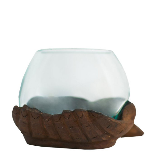 Cohasset Molten Glass Bowl on Cupping Hands Teak Sculpture