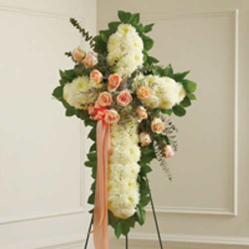 Peach, Orange & White Standing Cross with Peach Rose Break