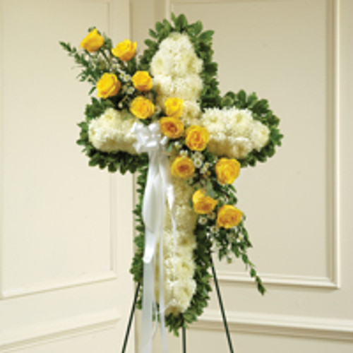 Yellow & White Standing Cross with Yellow Rose Break